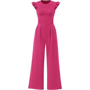 imagePRETTYGARDEN Summer Jumpsuits for Women Dressy 2025 Casual Ruffle Cap Sleeves Romper Crew Neck Rib Knit One Piece OutfitsRose Red