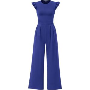 imagePRETTYGARDEN Summer Jumpsuits for Women Dressy 2025 Casual Ruffle Cap Sleeves Romper Crew Neck Rib Knit One Piece OutfitsRoyal Blue