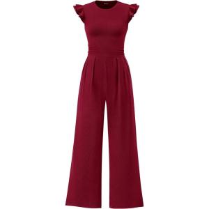 imagePRETTYGARDEN Summer Jumpsuits for Women Dressy 2025 Casual Ruffle Cap Sleeves Romper Crew Neck Rib Knit One Piece OutfitsWine Red