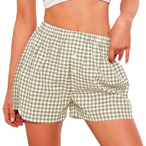 imagePRETTYGARDEN Womens Shorts Boxers 2025 Summer Gingham Pajama Lounge Sleep Y2K Plaid Pj Shorts Beach BottomsLight Army Green