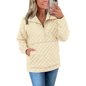 imagePRETTYGARDEN Womens Winter Quilted Sweatshirt Casual Quarter Zip Collared Long Sleeve V Neck Pullover TopsBeige