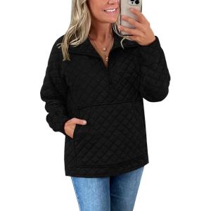 imagePRETTYGARDEN Womens Winter Quilted Sweatshirt Casual Quarter Zip Collared Long Sleeve V Neck Pullover TopsBlack