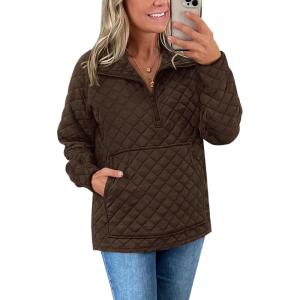 imagePRETTYGARDEN Womens Winter Quilted Sweatshirt Casual Quarter Zip Collared Long Sleeve V Neck Pullover TopsCoffee