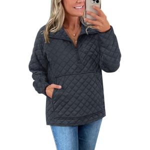 imagePRETTYGARDEN Womens Winter Quilted Sweatshirt Casual Quarter Zip Collared Long Sleeve V Neck Pullover TopsGrey Blue