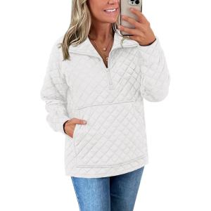 imagePRETTYGARDEN Womens Winter Quilted Sweatshirt Casual Quarter Zip Collared Long Sleeve V Neck Pullover TopsWhite