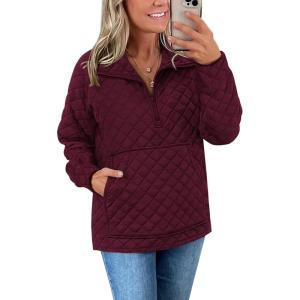 imagePRETTYGARDEN Womens Winter Quilted Sweatshirt Casual Quarter Zip Collared Long Sleeve V Neck Pullover TopsWine Red