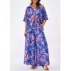 imagePRETTYGARDEN Womens 2 Piece Beach Vacation Outfit 2025 Casual Summer Floral Button Down Shirt Wide Leg Pants Matching SetsFloral Pink Blue