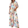 imagePRETTYGARDEN Womens 2 Piece Beach Vacation Outfit 2025 Casual Summer Floral Button Down Shirt Wide Leg Pants Matching SetsFloral White Multicolored