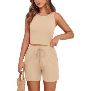 imagePRETTYGARDEN Lounge Sets for Women 2025 Summer Two Piece Matching Outfits Beach Vacation Clothes Sleeveless Tops and ShortsApricot