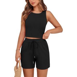 imagePRETTYGARDEN Lounge Sets for Women 2025 Summer Two Piece Matching Outfits Beach Vacation Clothes Sleeveless Tops and ShortsBlack