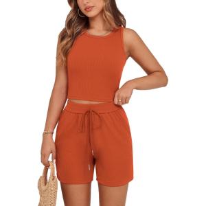 imagePRETTYGARDEN Lounge Sets for Women 2025 Summer Two Piece Matching Outfits Beach Vacation Clothes Sleeveless Tops and ShortsBrick Red
