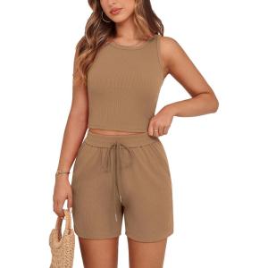 imagePRETTYGARDEN Lounge Sets for Women 2025 Summer Two Piece Matching Outfits Beach Vacation Clothes Sleeveless Tops and ShortsCamel
