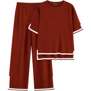 imagePRETTYGARDEN Two Piece Sets for Women 2025 Summer Spring Casual Sweater Knit Lounge Travel Matching Outfits ClothingBrick Red