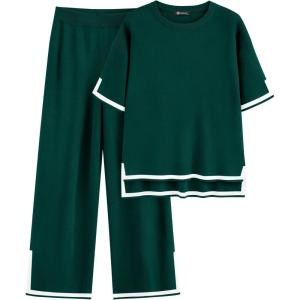 imagePRETTYGARDEN Two Piece Sets for Women 2025 Summer Spring Casual Sweater Knit Lounge Travel Matching Outfits ClothingDark Green