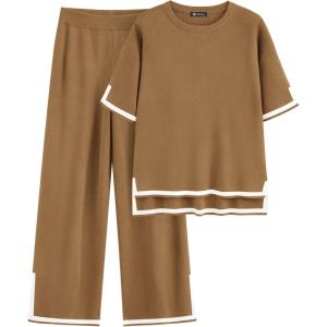 imagePRETTYGARDEN Two Piece Sets for Women 2025 Summer Spring Casual Sweater Knit Lounge Travel Matching Outfits ClothingKhaki