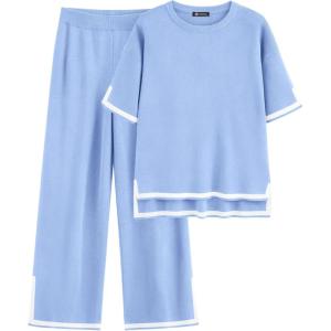 imagePRETTYGARDEN Two Piece Sets for Women 2025 Summer Spring Casual Sweater Knit Lounge Travel Matching Outfits ClothingLight Blue