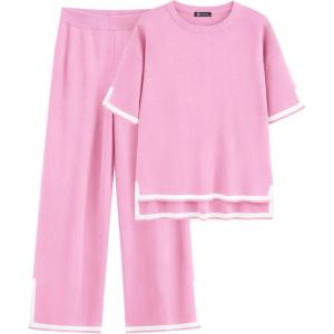imagePRETTYGARDEN Two Piece Sets for Women 2025 Summer Spring Casual Sweater Knit Lounge Travel Matching Outfits ClothingPink