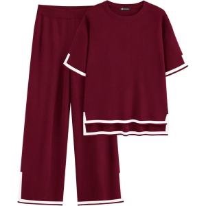 imagePRETTYGARDEN Two Piece Sets for Women 2025 Summer Spring Casual Sweater Knit Lounge Travel Matching Outfits ClothingWine Red