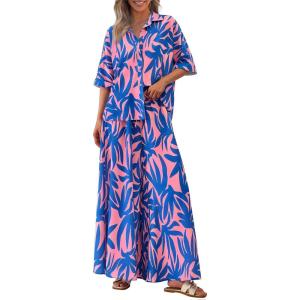 imagePRETTYGARDEN Womens 2 Piece Beach Vacation Outfit 2025 Casual Summer Floral Button Down Shirt Wide Leg Pants Matching SetsFloral Pink Blue
