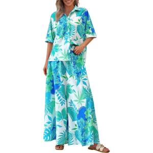 imagePRETTYGARDEN Womens 2 Piece Beach Vacation Outfit 2025 Casual Summer Floral Button Down Shirt Wide Leg Pants Matching SetsFloral White Blue Green