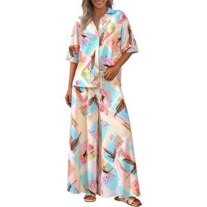 imagePRETTYGARDEN Womens 2 Piece Beach Vacation Outfit 2025 Casual Summer Floral Button Down Shirt Wide Leg Pants Matching SetsFloral White Multicolored