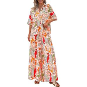 imagePRETTYGARDEN Womens 2 Piece Beach Vacation Outfit 2025 Casual Summer Floral Button Down Shirt Wide Leg Pants Matching SetsFloral White Orange