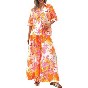 imagePRETTYGARDEN Womens 2 Piece Beach Vacation Outfit 2025 Casual Summer Floral Button Down Shirt Wide Leg Pants Matching SetsFloral White Orange Pink