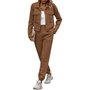 imagePRETTYGARDEN Womens 2025 Winter 2 Piece Outfit Tracksuit Long Sleeve Button Down Shacket Jacket Pockets Long Pants Casual SetCamel
