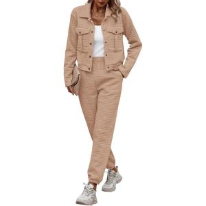 imagePRETTYGARDEN Womens 2025 Winter 2 Piece Outfit Tracksuit Long Sleeve Button Down Shacket Jacket Pockets Long Pants Casual SetDark Khaki