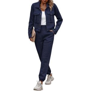 imagePRETTYGARDEN Womens 2025 Winter 2 Piece Outfit Tracksuit Long Sleeve Button Down Shacket Jacket Pockets Long Pants Casual SetNavy
