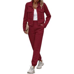 imagePRETTYGARDEN Womens 2025 Winter 2 Piece Outfit Tracksuit Long Sleeve Button Down Shacket Jacket Pockets Long Pants Casual SetWine Red