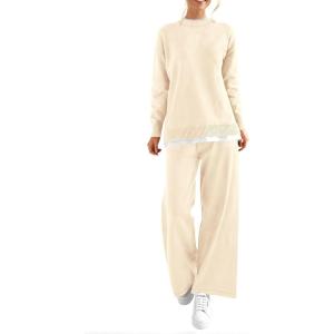 imagePRETTYGARDEN Womens Winter Two Piece Matching Sweater Lounge Sets Knit Long Sleeve Pullover Tops Wide Leg Pants TracksuitsBeige