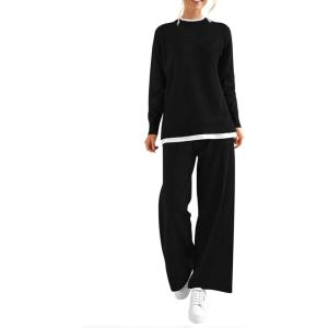 imagePRETTYGARDEN Womens Winter Two Piece Matching Sweater Lounge Sets Knit Long Sleeve Pullover Tops Wide Leg Pants TracksuitsBlack