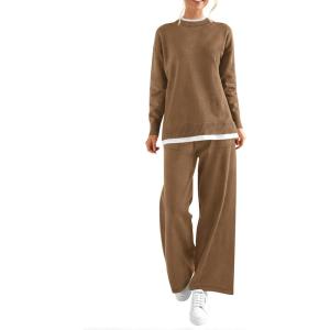 imagePRETTYGARDEN Womens Winter Two Piece Matching Sweater Lounge Sets Knit Long Sleeve Pullover Tops Wide Leg Pants TracksuitsCamel