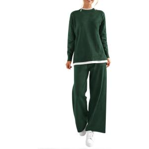 imagePRETTYGARDEN Womens Winter Two Piece Matching Sweater Lounge Sets Knit Long Sleeve Pullover Tops Wide Leg Pants TracksuitsDark Green