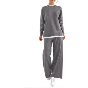 imagePRETTYGARDEN Womens Winter Two Piece Matching Sweater Lounge Sets Knit Long Sleeve Pullover Tops Wide Leg Pants TracksuitsGrey