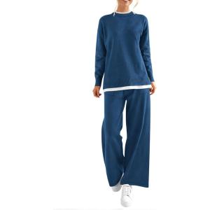 imagePRETTYGARDEN Womens Winter Two Piece Matching Sweater Lounge Sets Knit Long Sleeve Pullover Tops Wide Leg Pants TracksuitsGrey Blue