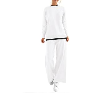 imagePRETTYGARDEN Womens Winter Two Piece Matching Sweater Lounge Sets Knit Long Sleeve Pullover Tops Wide Leg Pants TracksuitsWhite