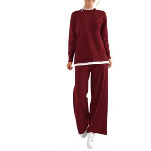 imagePRETTYGARDEN Womens Winter Two Piece Matching Sweater Lounge Sets Knit Long Sleeve Pullover Tops Wide Leg Pants TracksuitsWine Red