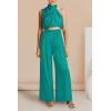 imagePRETTYGARDEN Womens 2 Piece Outfits 2025 Summer Casual Sleeveless Mock Neck Crop Tops Wide Leg Pants SetBlue Green