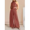 imagePRETTYGARDEN Womens 2 Piece Outfits 2025 Summer Casual Sleeveless Mock Neck Crop Tops Wide Leg Pants SetBrown Red