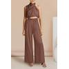 imagePRETTYGARDEN Womens 2 Piece Outfits 2025 Summer Casual Sleeveless Mock Neck Crop Tops Wide Leg Pants SetCoffee