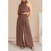 imagePRETTYGARDEN Womens 2 Piece Outfits 2025 Summer Casual Sleeveless Mock Neck Crop Tops Wide Leg Pants SetCoffee