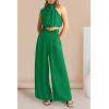 imagePRETTYGARDEN Womens 2 Piece Outfits 2025 Summer Casual Sleeveless Mock Neck Crop Tops Wide Leg Pants SetGreen