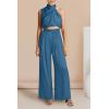 imagePRETTYGARDEN Womens 2 Piece Outfits 2025 Summer Casual Sleeveless Mock Neck Crop Tops Wide Leg Pants SetLight Lake Blue