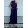 imagePRETTYGARDEN Womens 2 Piece Outfits 2025 Summer Casual Sleeveless Mock Neck Crop Tops Wide Leg Pants SetNavy