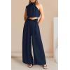 imagePRETTYGARDEN Womens 2 Piece Outfits 2025 Summer Casual Sleeveless Mock Neck Crop Tops Wide Leg Pants SetNavy