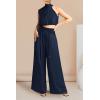 imagePRETTYGARDEN Womens 2 Piece Outfits 2025 Summer Casual Sleeveless Mock Neck Crop Tops Wide Leg Pants SetNavy