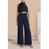 imagePRETTYGARDEN Womens 2 Piece Outfits 2025 Summer Casual Sleeveless Mock Neck Crop Tops Wide Leg Pants SetNavy