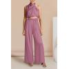 imagePRETTYGARDEN Womens 2 Piece Outfits 2025 Summer Casual Sleeveless Mock Neck Crop Tops Wide Leg Pants SetPink